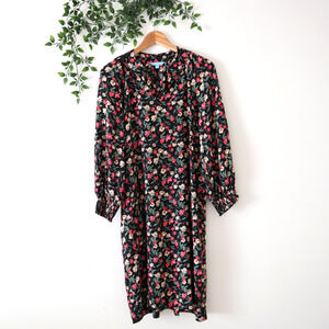 Draper James RSVP Black Red Floral Cuffed Long Sleeve Lined Dress Size Medium